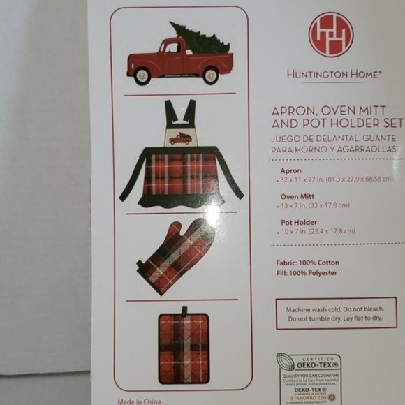 Apron Pot Holder Oven Mitt Red Truck Plaid Holiday CHRISTMAS BAKING COOKING - Picture 5 of 6